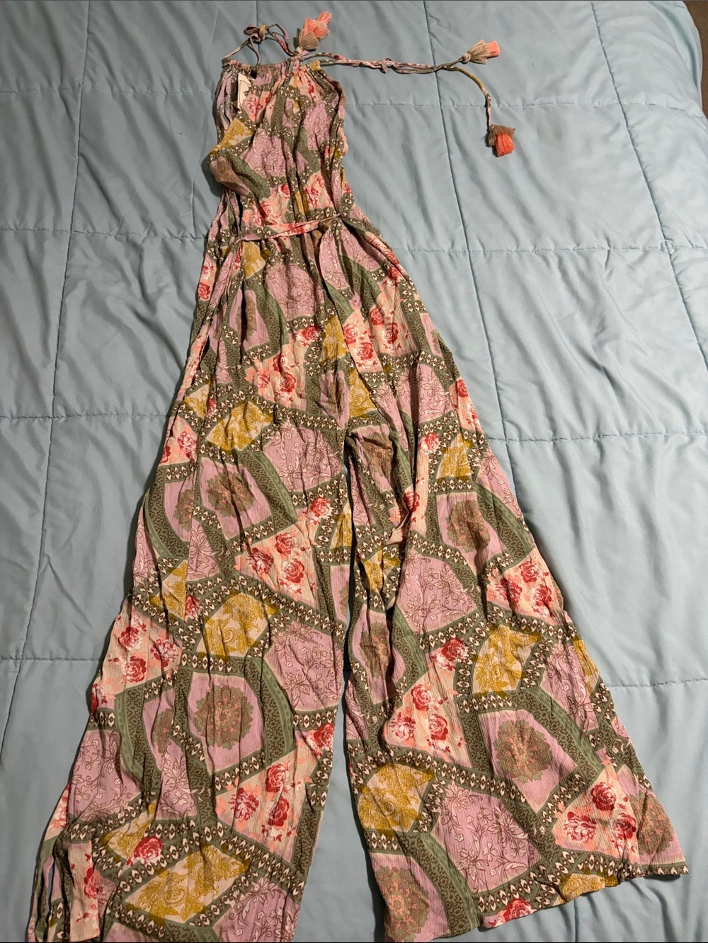 Boho Halter Patchwork Jumpsuit in Pink, Green & Yellow